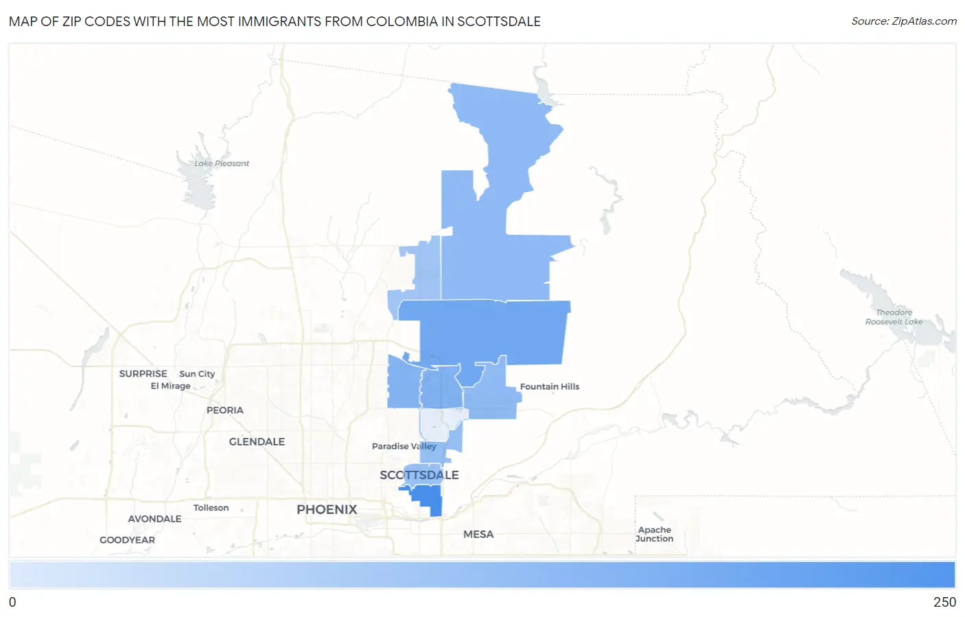 Zip Codes with the Most Immigrants from Colombia in Scottsdale Map