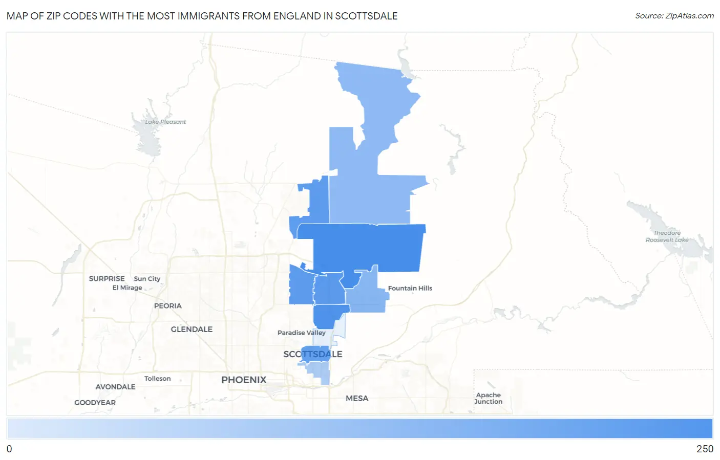 Zip Codes with the Most Immigrants from England in Scottsdale Map