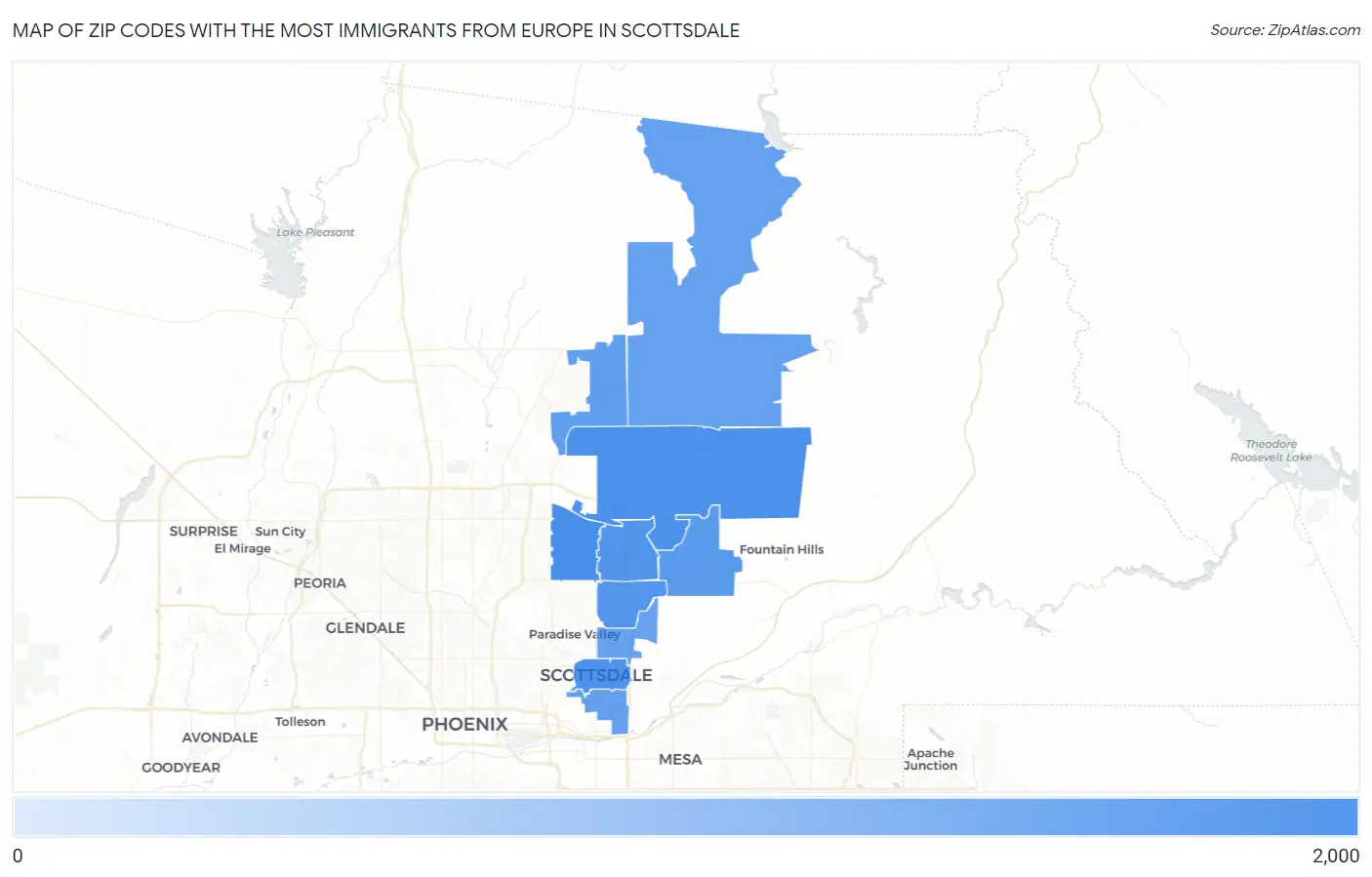 Zip Codes with the Most Immigrants from Europe in Scottsdale Map