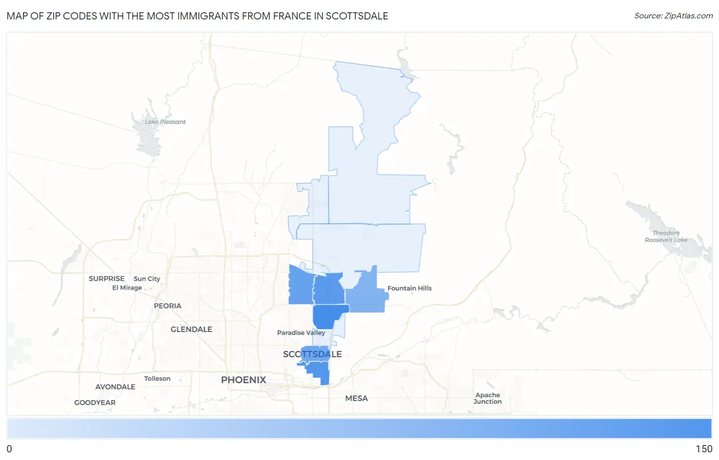 Zip Codes with the Most Immigrants from France in Scottsdale Map