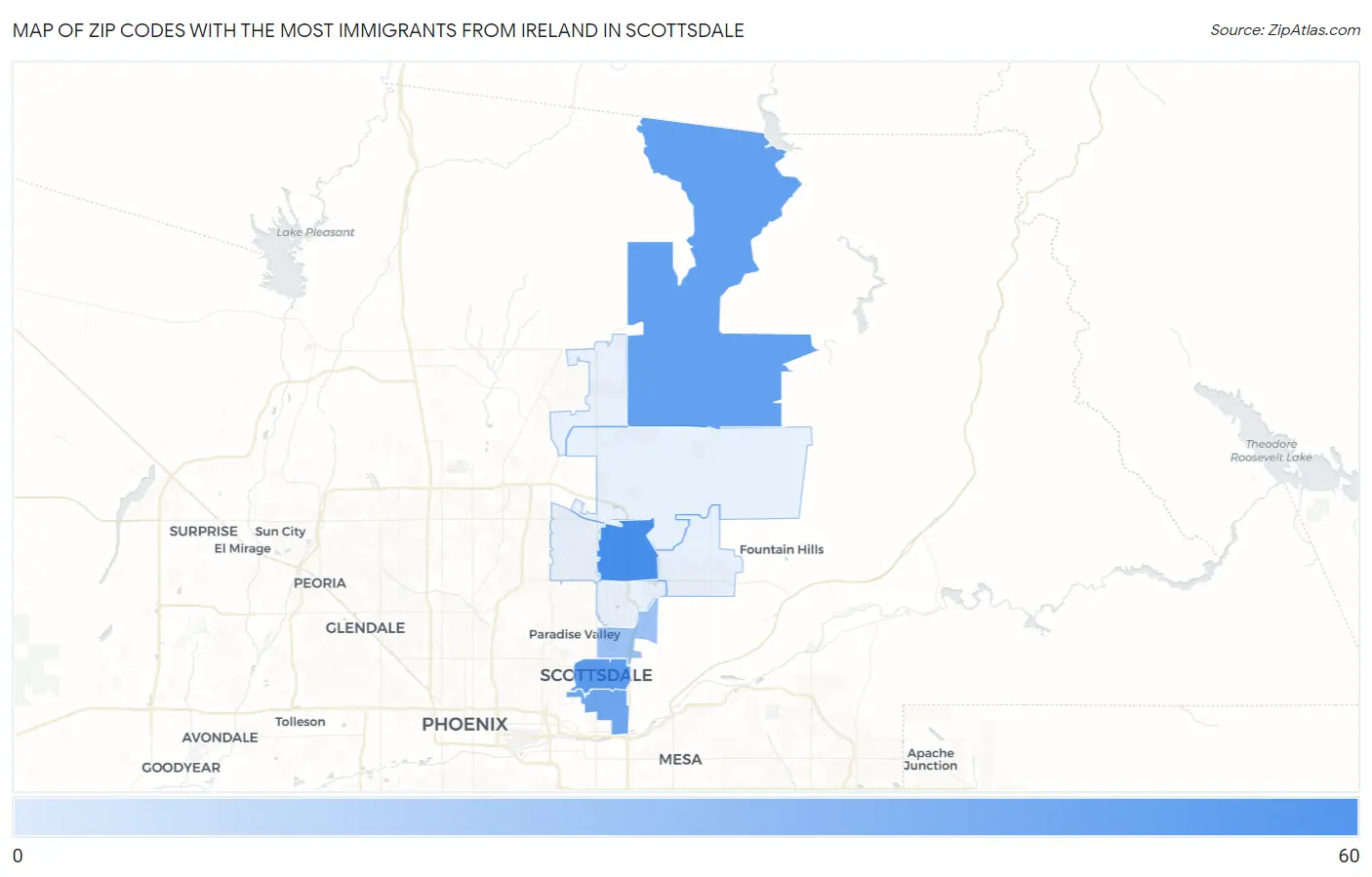 Zip Codes with the Most Immigrants from Ireland in Scottsdale Map