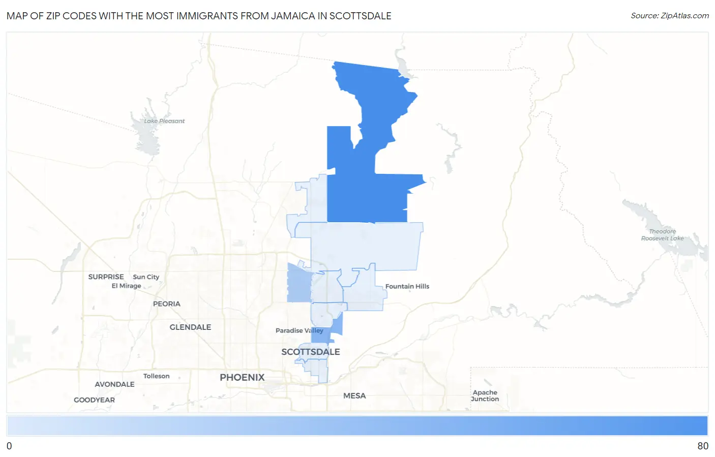 Zip Codes with the Most Immigrants from Jamaica in Scottsdale Map