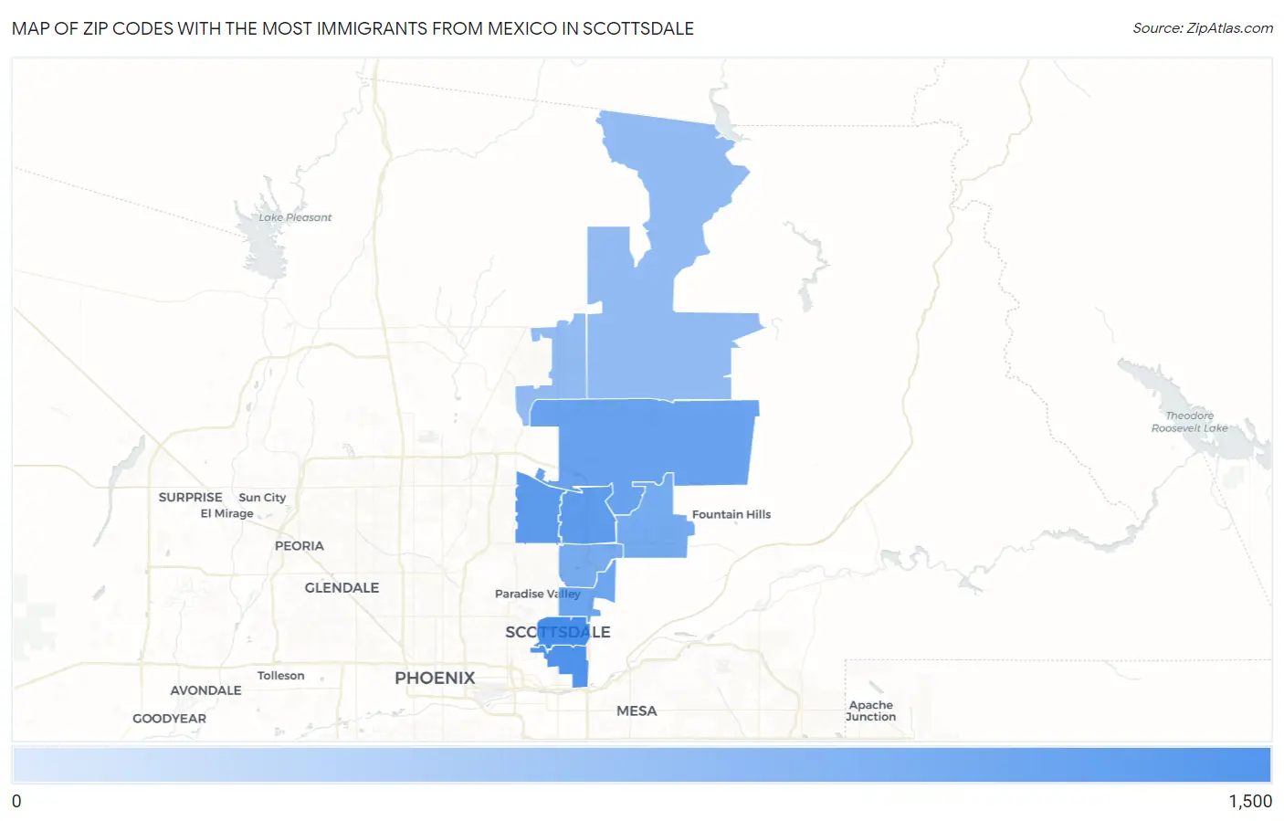 Zip Codes with the Most Immigrants from Mexico in Scottsdale Map