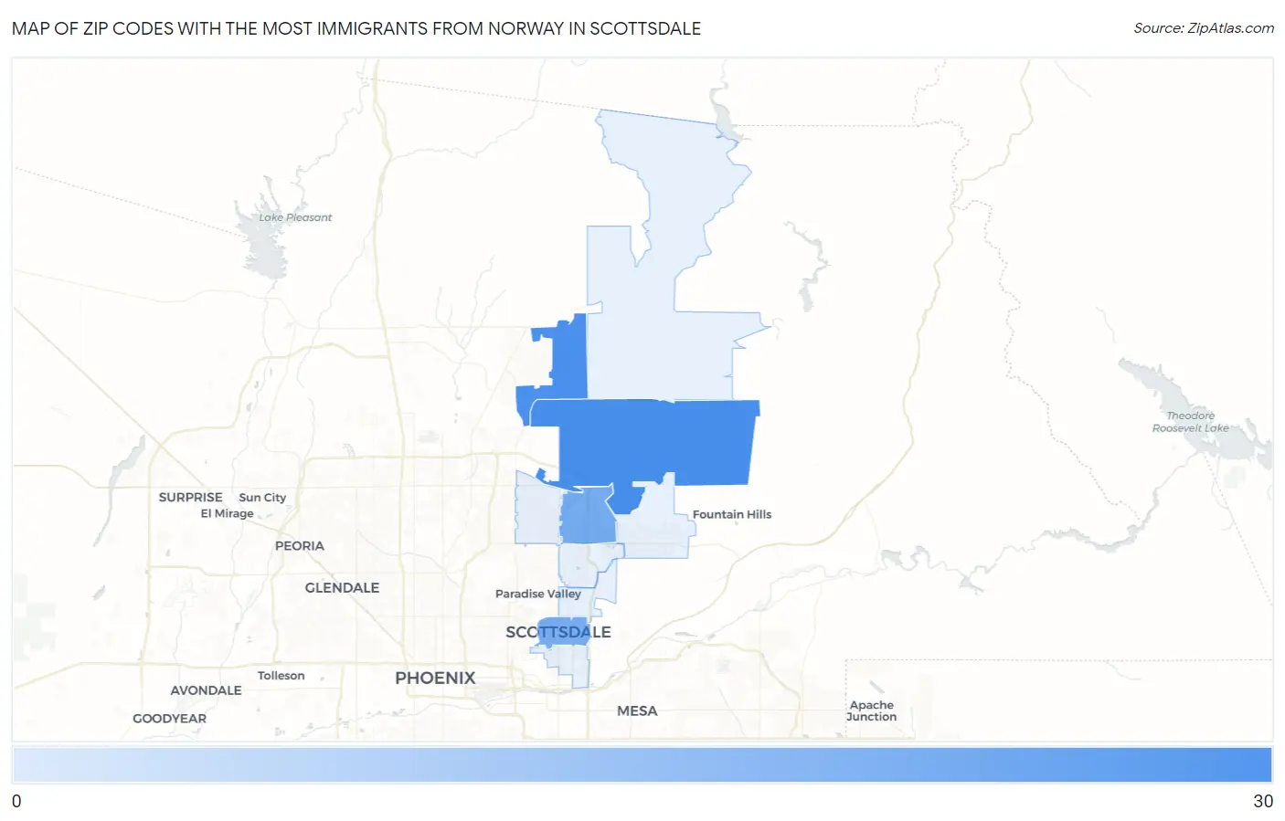 Zip Codes with the Most Immigrants from Norway in Scottsdale Map