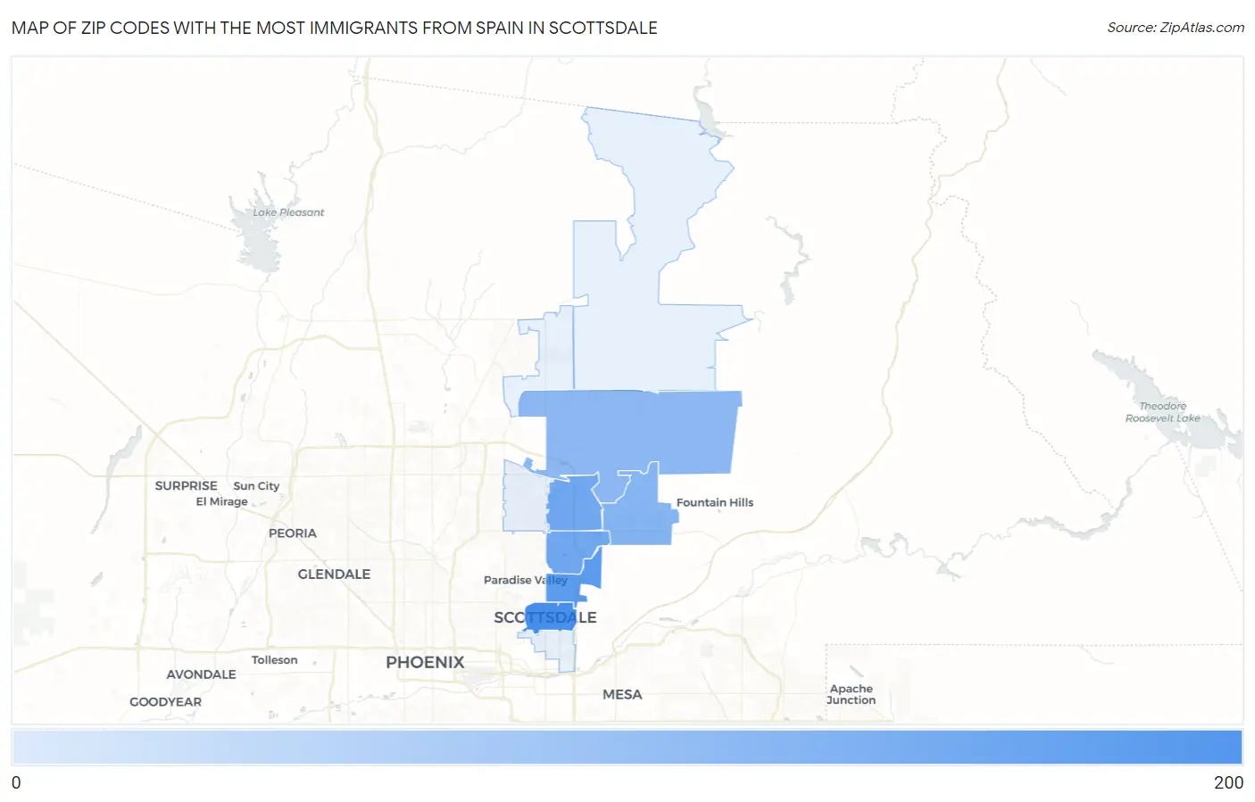 Zip Codes with the Most Immigrants from Spain in Scottsdale Map