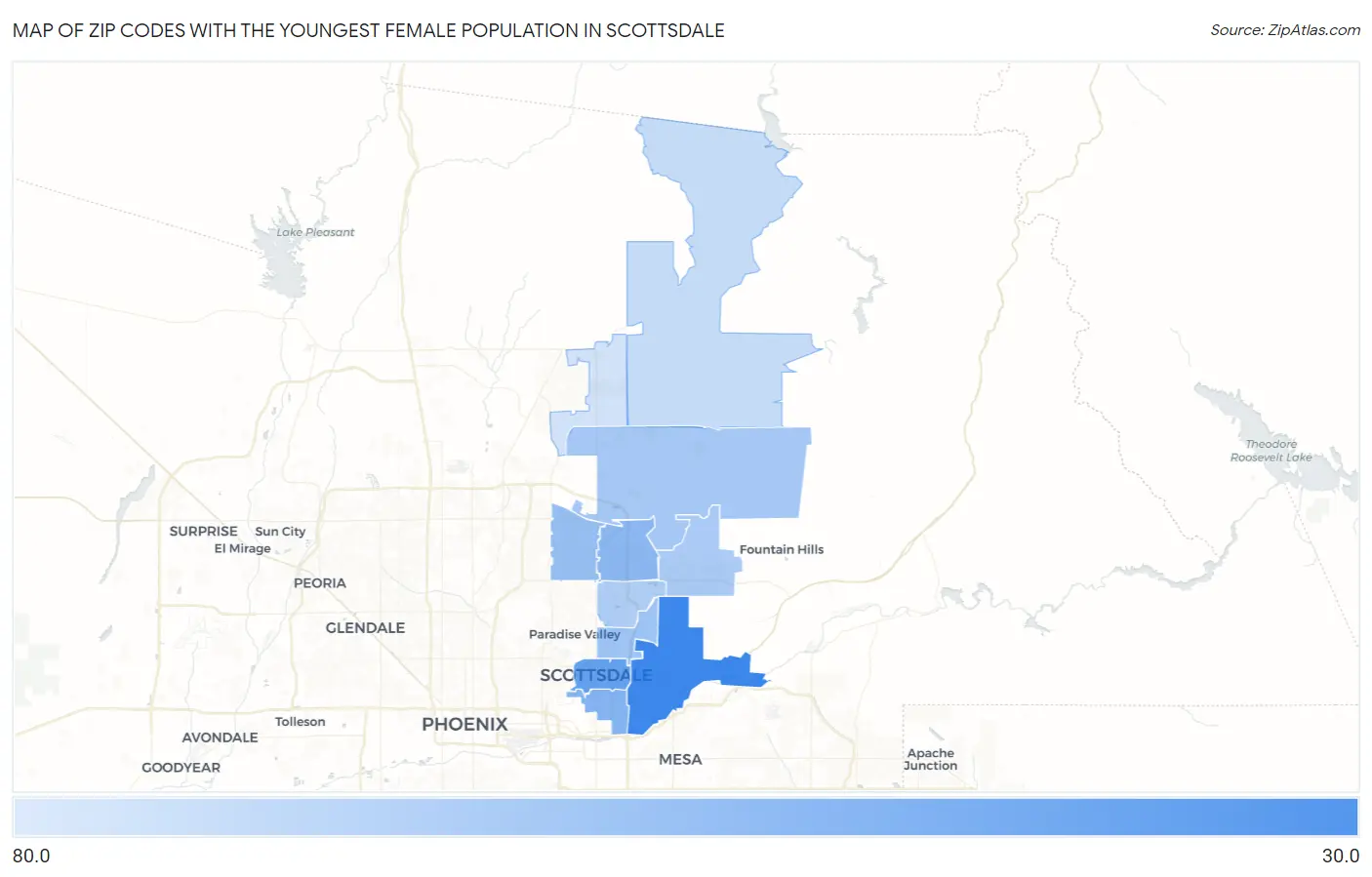 Zip Codes with the Youngest Female Population in Scottsdale Map