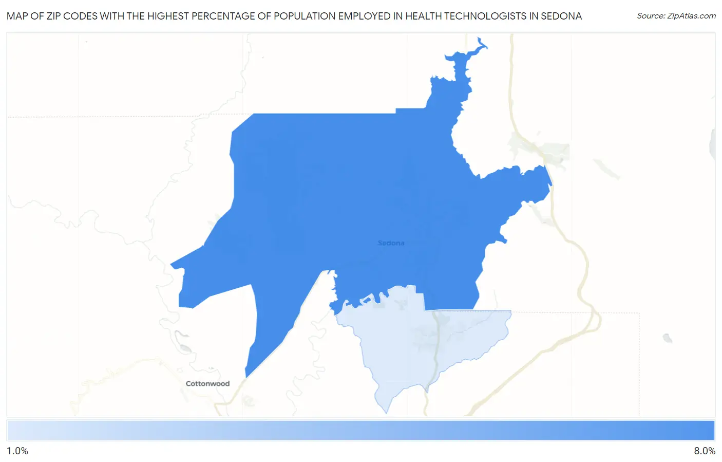 Zip Codes with the Highest Percentage of Population Employed in Health Technologists in Sedona Map