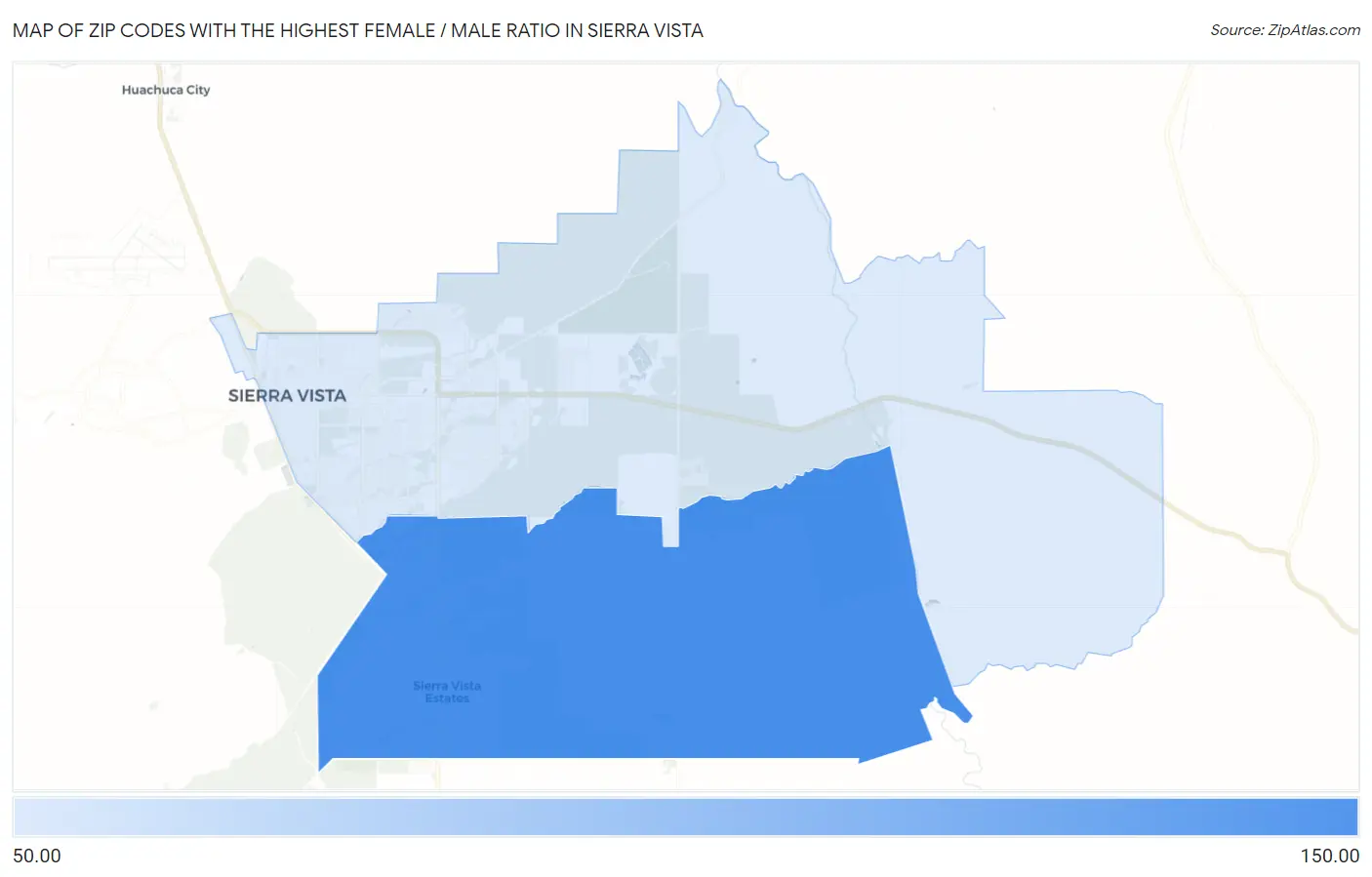 Zip Codes with the Highest Female / Male Ratio in Sierra Vista Map