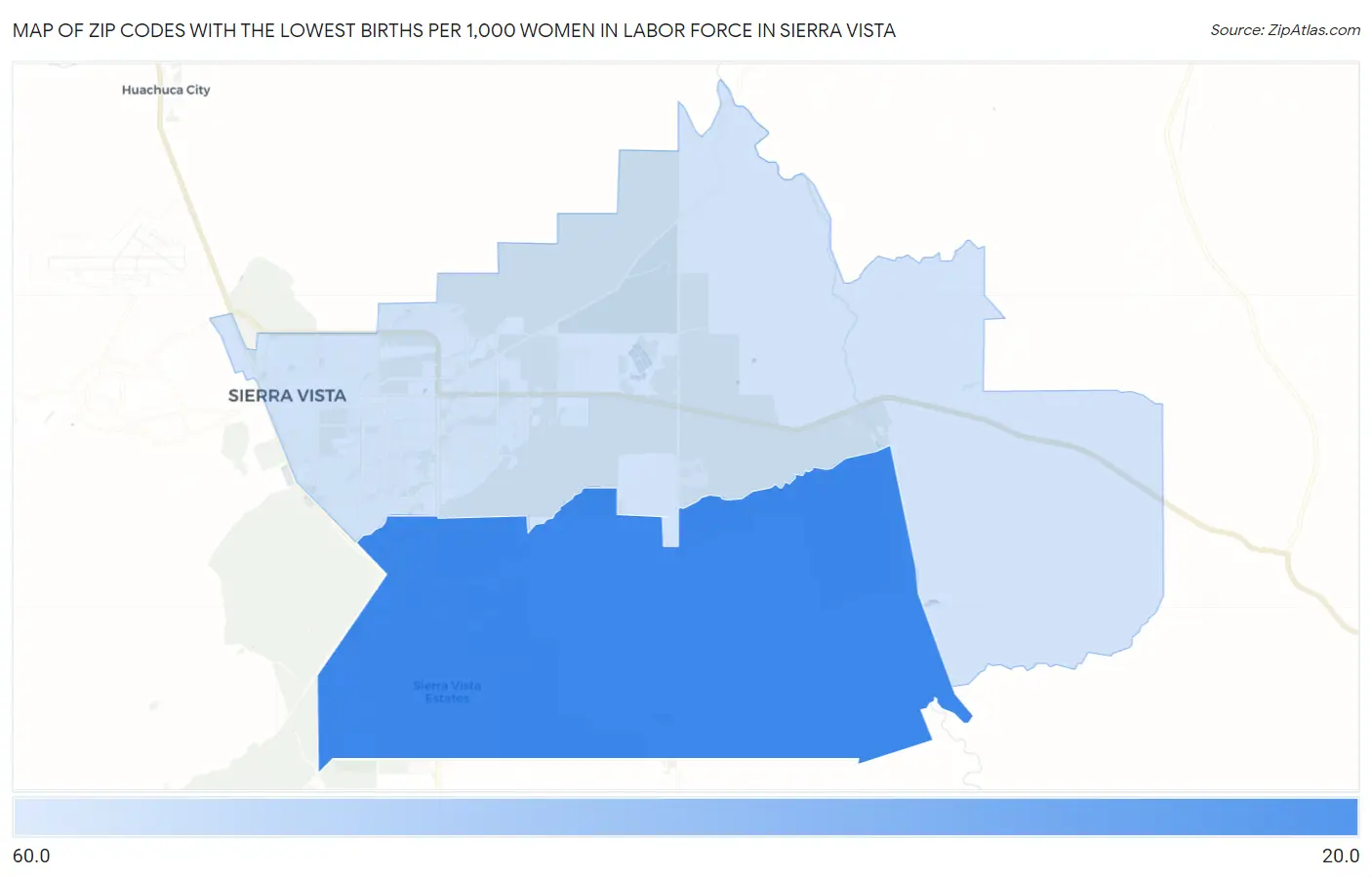 Zip Codes with the Lowest Births per 1,000 Women in Labor Force in Sierra Vista Map