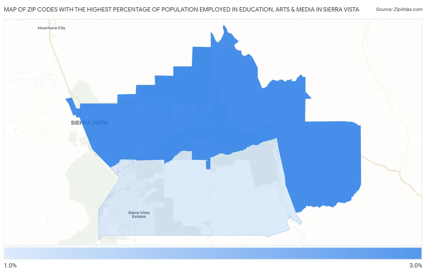 Zip Codes with the Highest Percentage of Population Employed in Education, Arts & Media in Sierra Vista Map