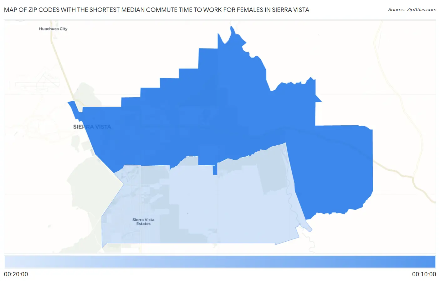 Zip Codes with the Shortest Median Commute Time to Work for Females in Sierra Vista Map