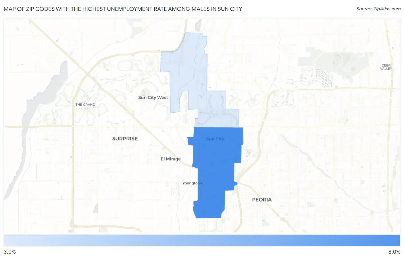 Zip Codes with the Highest Unemployment Rate Among Males in Sun City Map
