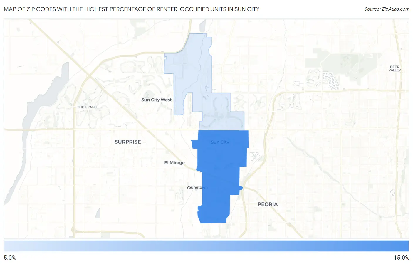 Zip Codes with the Highest Percentage of Renter-Occupied Units in Sun City Map