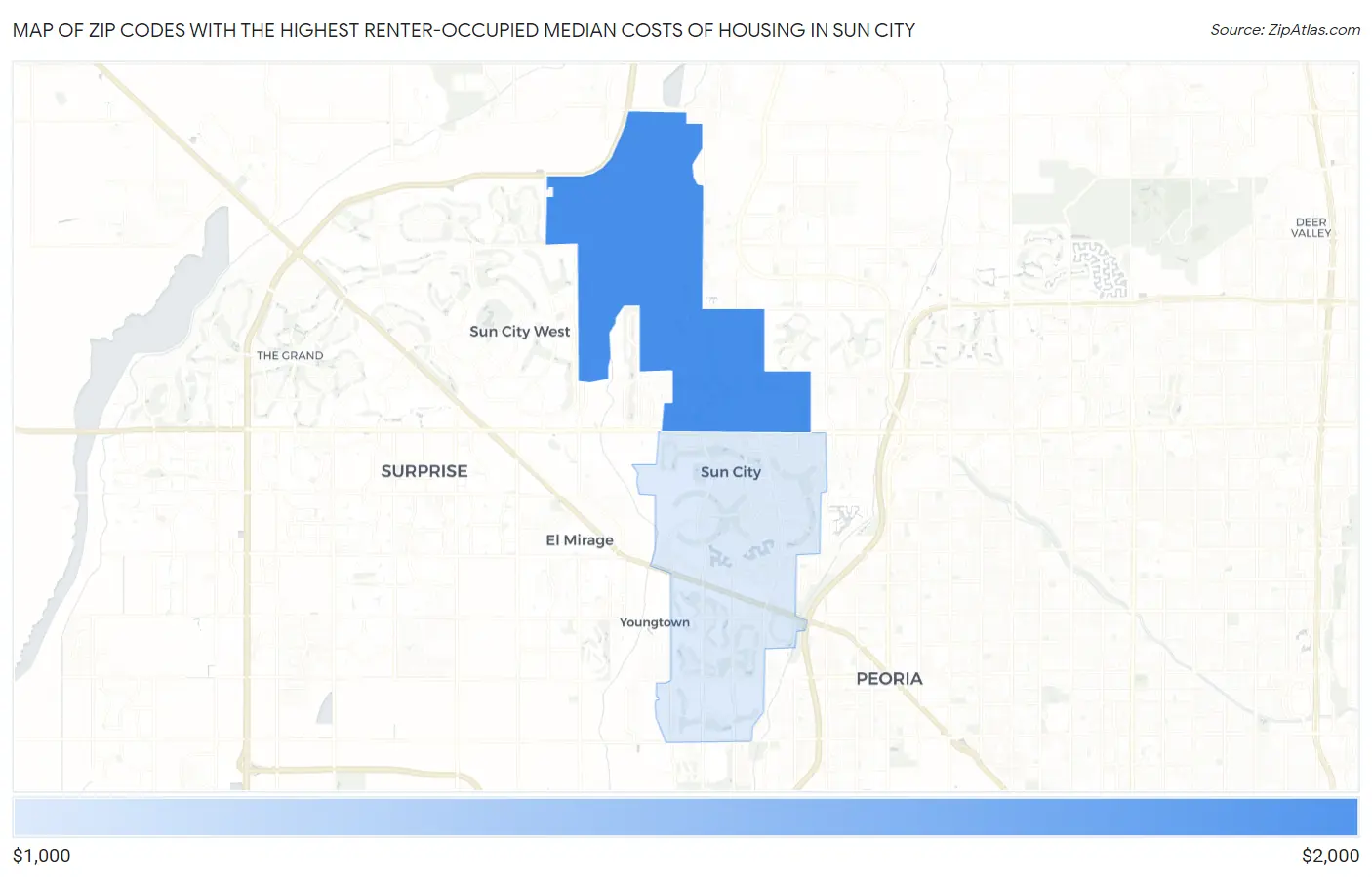 Zip Codes with the Highest Renter-Occupied Median Costs of Housing in Sun City Map