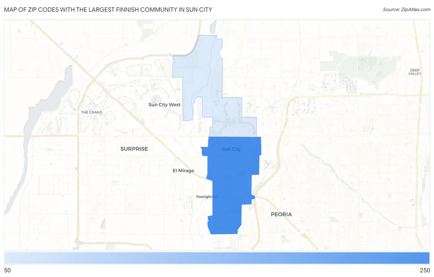 Zip Codes with the Largest Finnish Community in Sun City Map