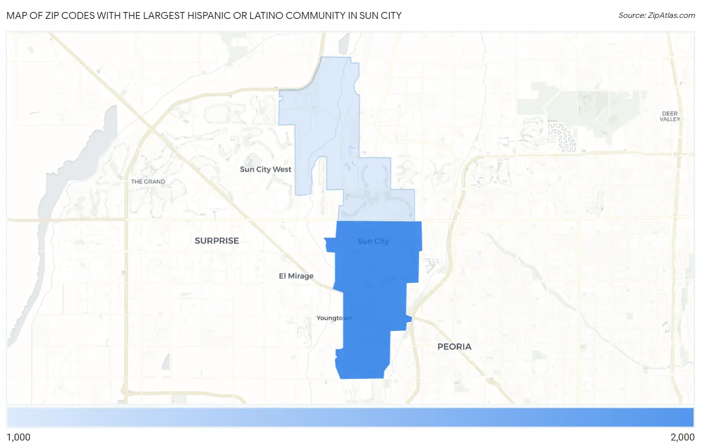 Zip Codes with the Largest Hispanic or Latino Community in Sun City Map