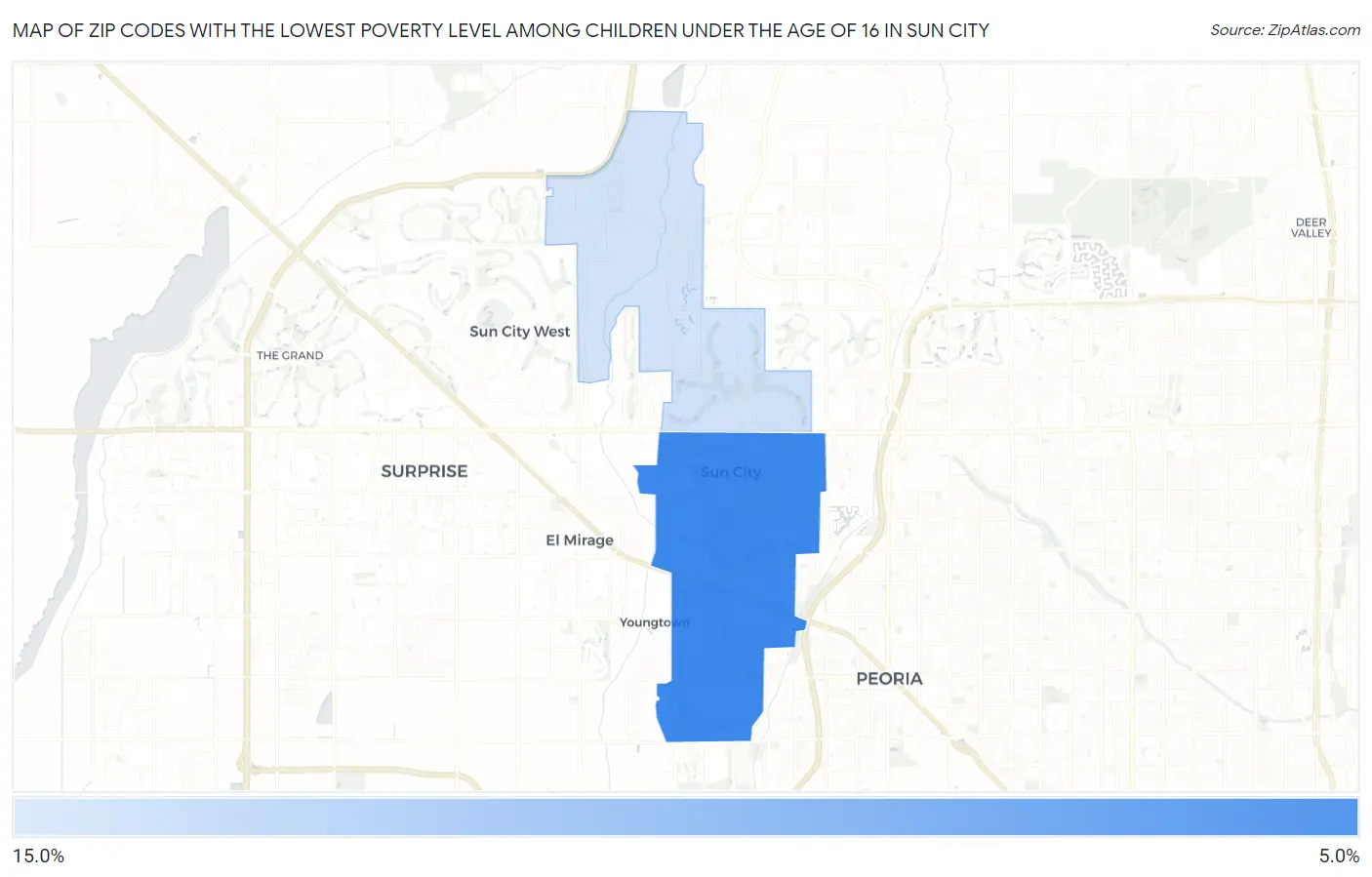 Zip Codes with the Lowest Poverty Level Among Children Under the Age of 16 in Sun City Map