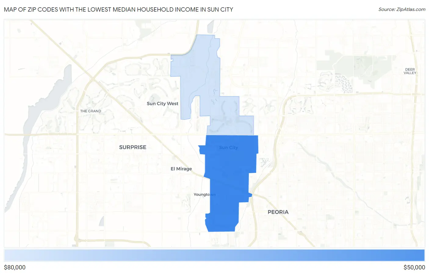 Zip Codes with the Lowest Median Household Income in Sun City Map