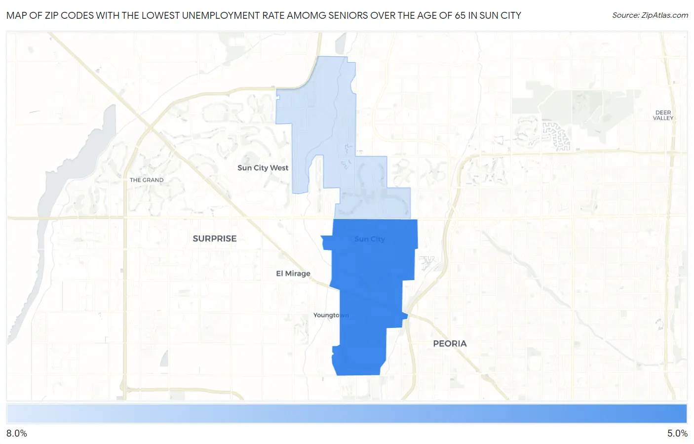 Zip Codes with the Lowest Unemployment Rate Amomg Seniors Over the Age of 65 in Sun City Map