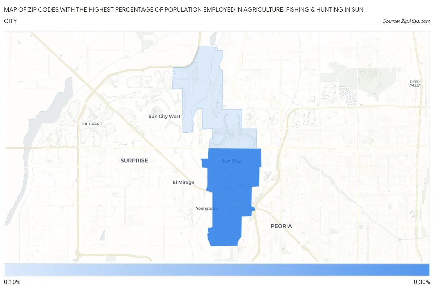 Zip Codes with the Highest Percentage of Population Employed in Agriculture, Fishing & Hunting in Sun City Map