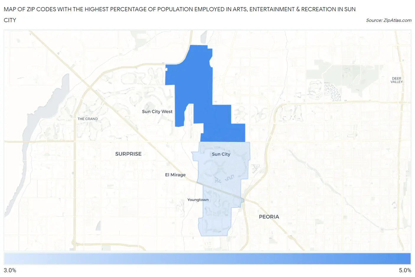 Zip Codes with the Highest Percentage of Population Employed in Arts, Entertainment & Recreation in Sun City Map