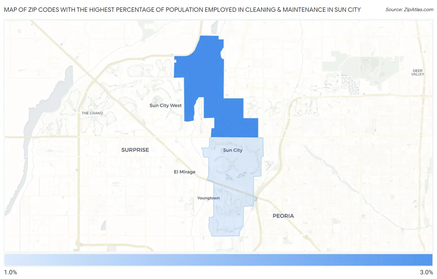 Zip Codes with the Highest Percentage of Population Employed in Cleaning & Maintenance in Sun City Map