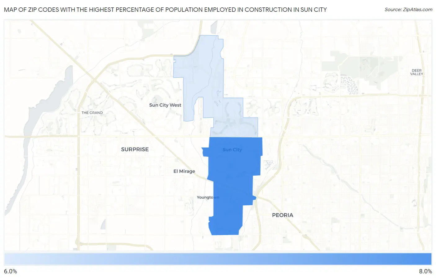 Zip Codes with the Highest Percentage of Population Employed in Construction in Sun City Map