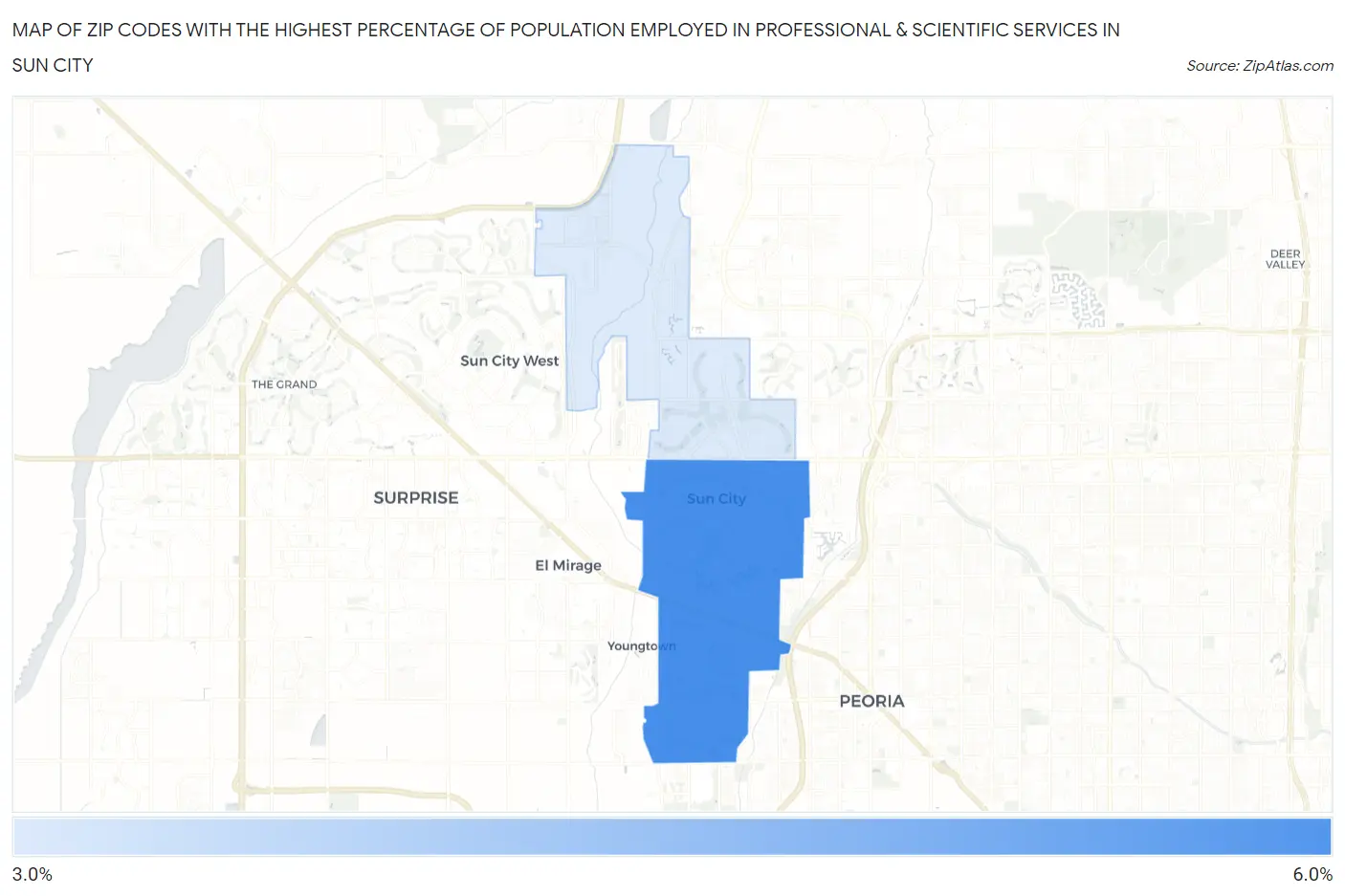 Zip Codes with the Highest Percentage of Population Employed in Professional & Scientific Services in Sun City Map