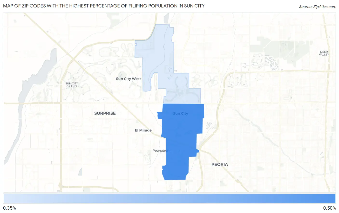 Zip Codes with the Highest Percentage of Filipino Population in Sun City Map