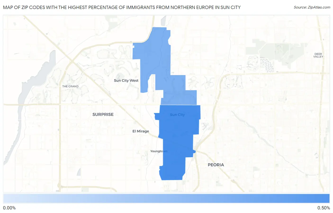 Zip Codes with the Highest Percentage of Immigrants from Northern Europe in Sun City Map