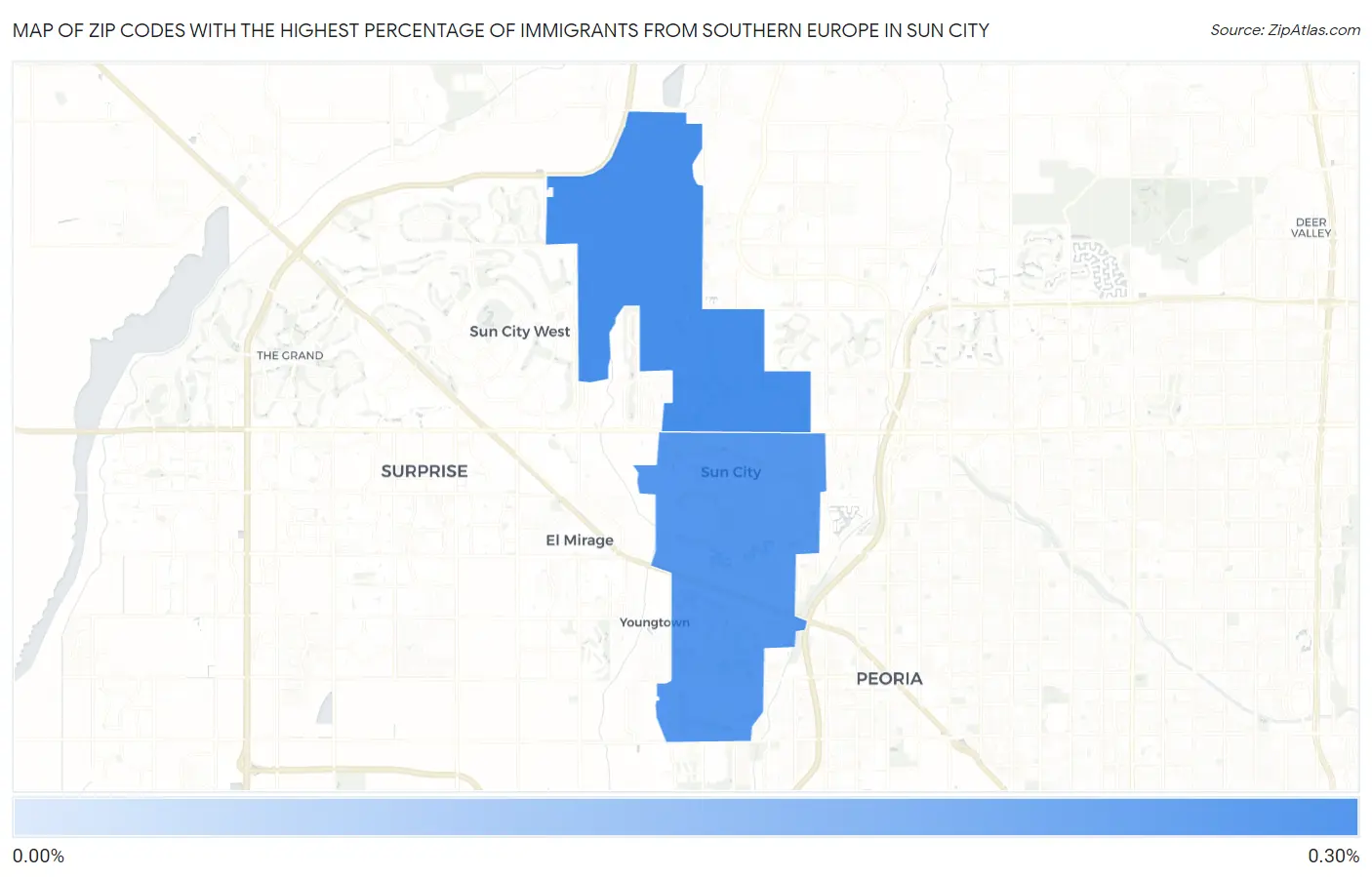 Zip Codes with the Highest Percentage of Immigrants from Southern Europe in Sun City Map