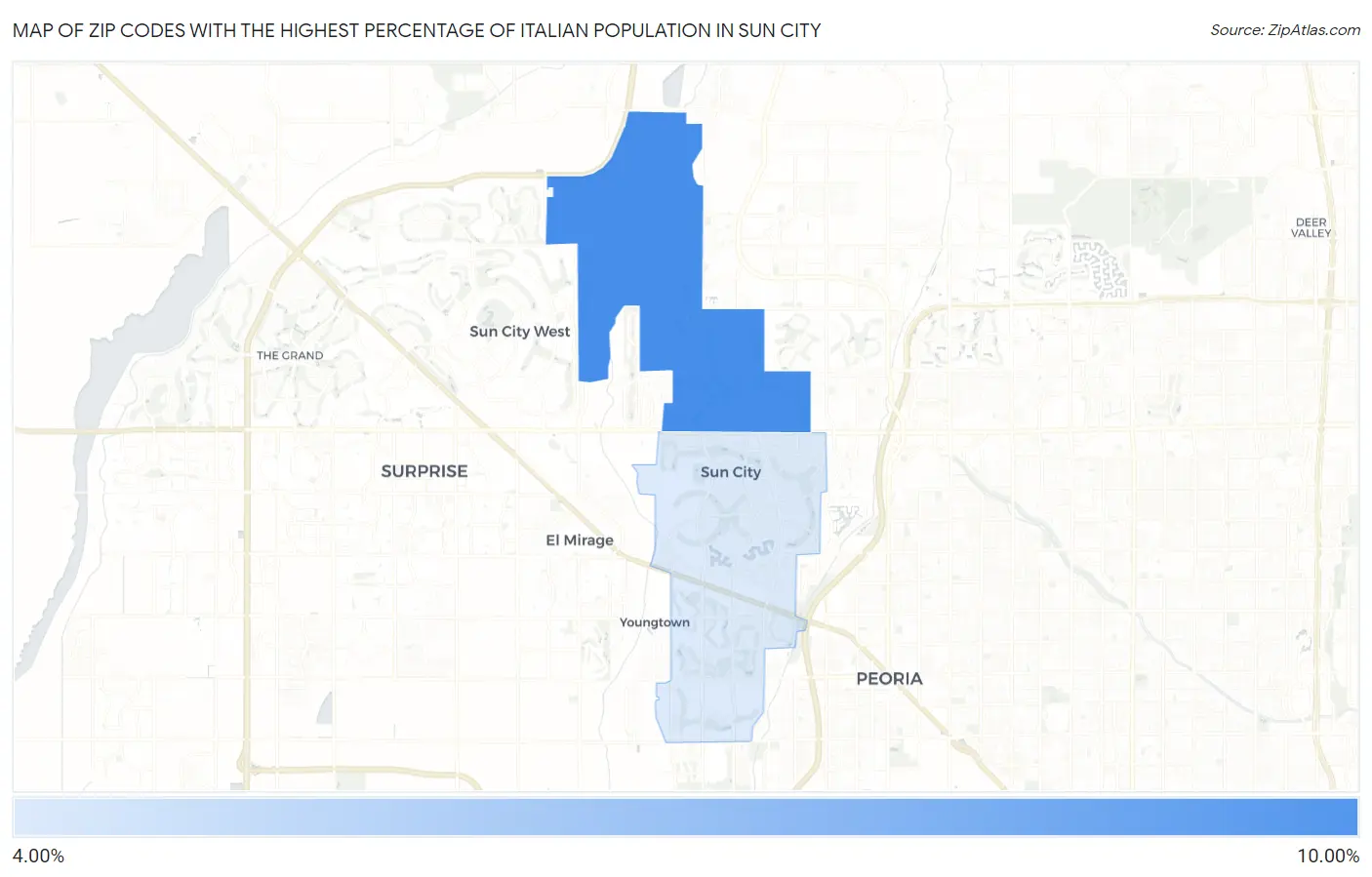 Zip Codes with the Highest Percentage of Italian Population in Sun City Map