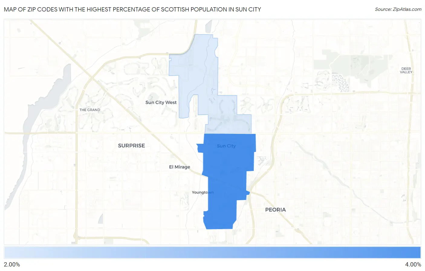 Zip Codes with the Highest Percentage of Scottish Population in Sun City Map