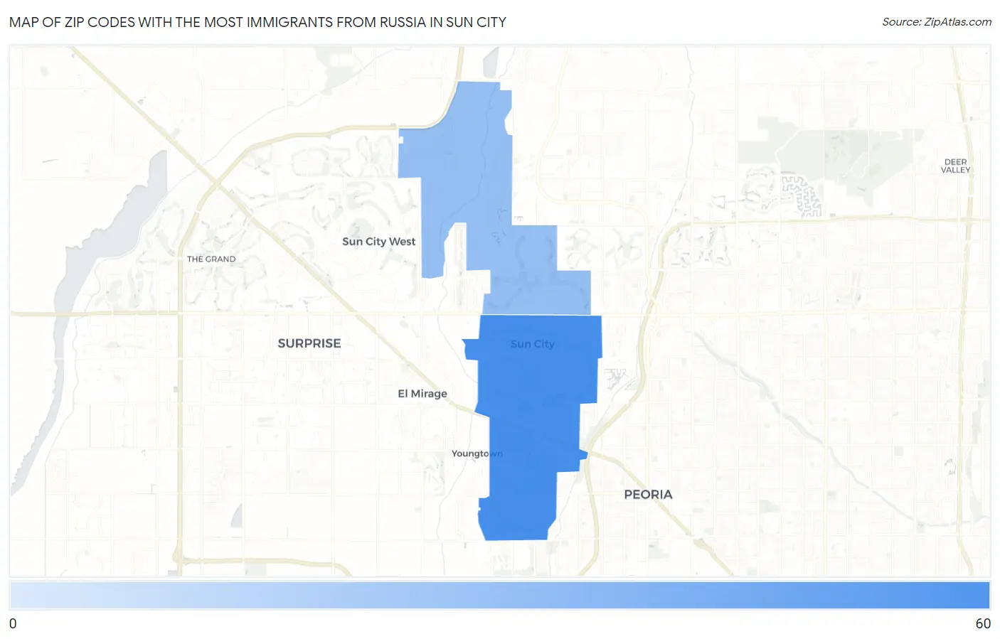 Zip Codes with the Most Immigrants from Russia in Sun City Map