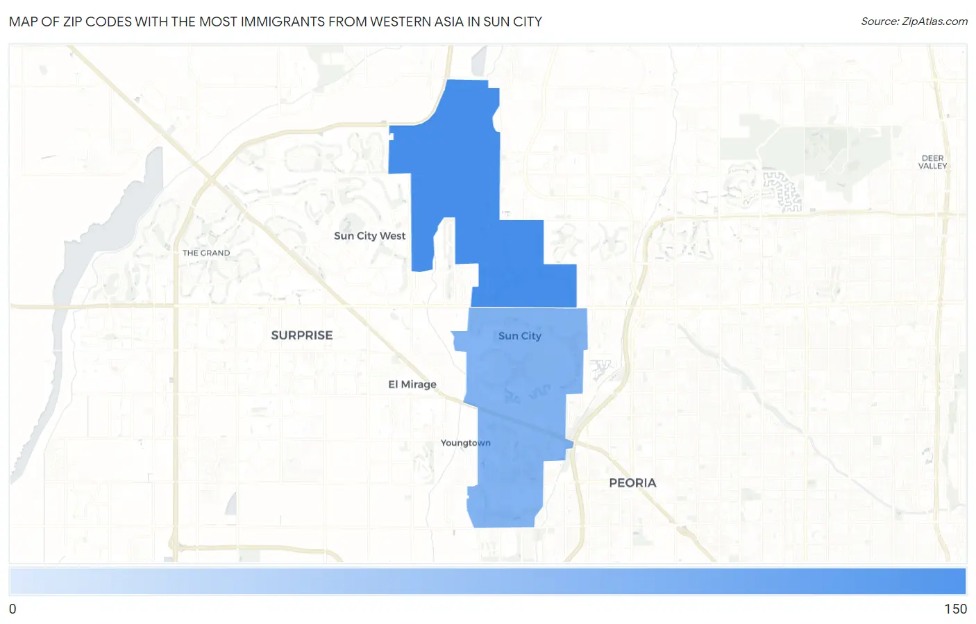 Zip Codes with the Most Immigrants from Western Asia in Sun City Map