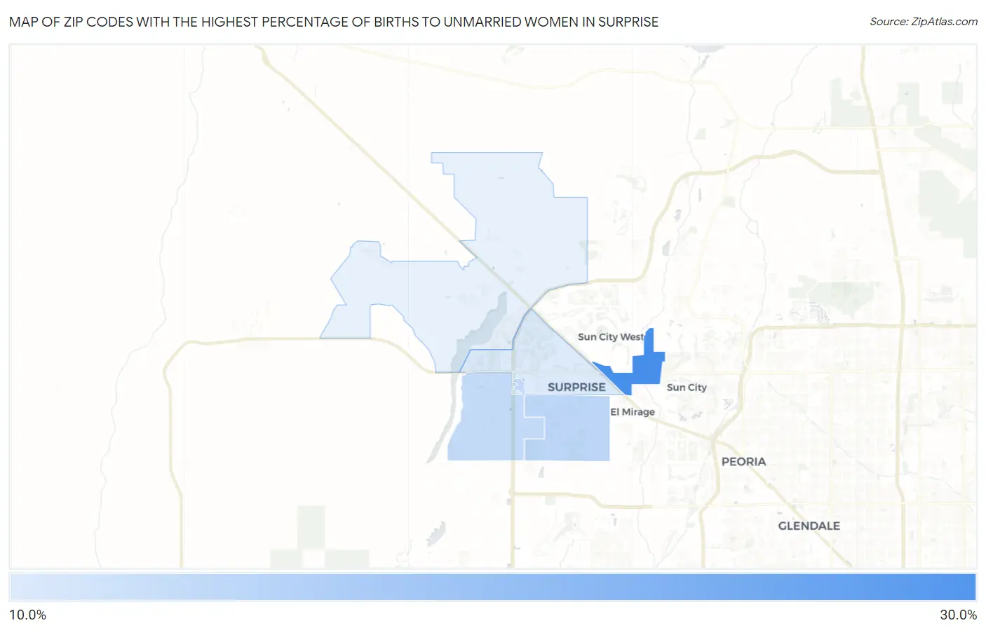 Zip Codes with the Highest Percentage of Births to Unmarried Women in Surprise Map