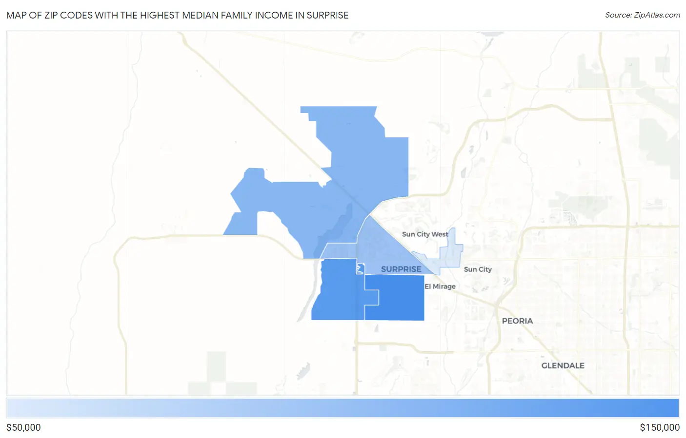 Zip Codes with the Highest Median Family Income in Surprise Map