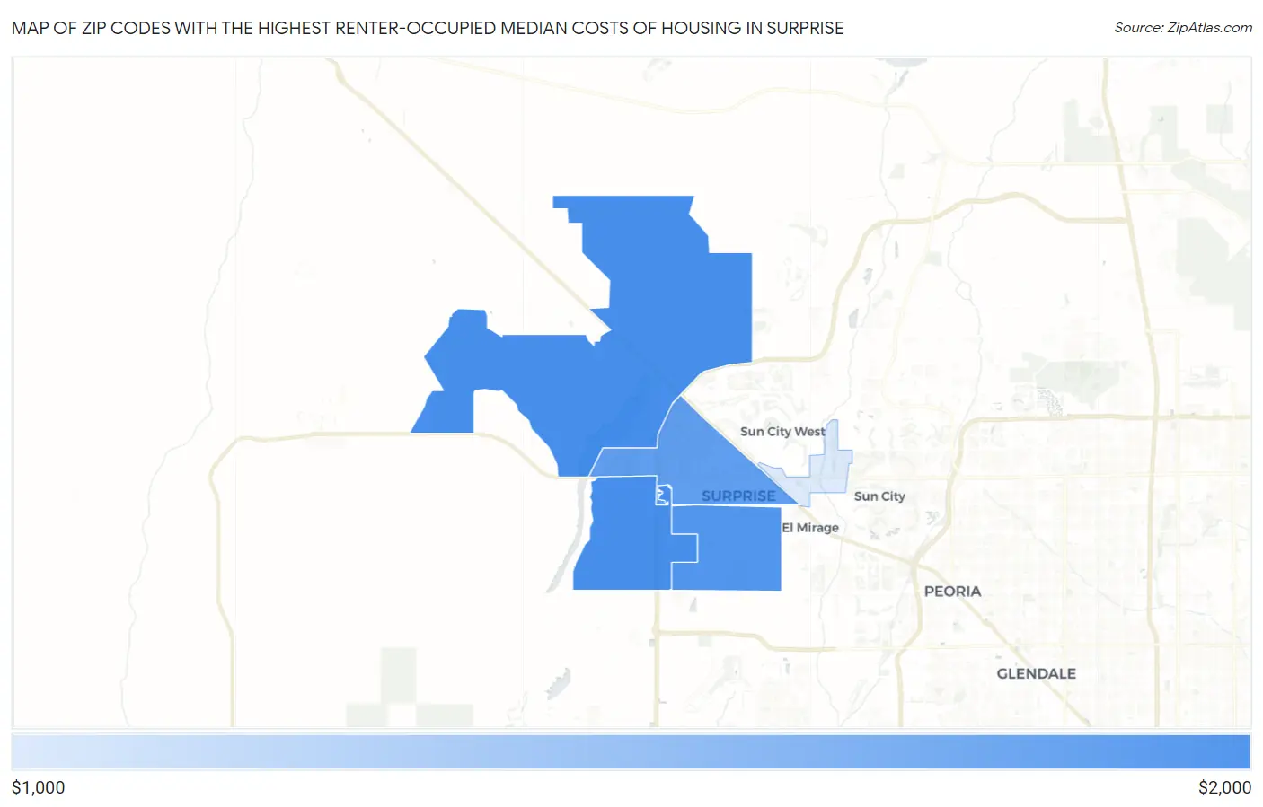 Zip Codes with the Highest Renter-Occupied Median Costs of Housing in Surprise Map