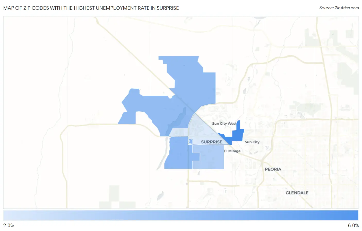 Zip Codes with the Highest Unemployment Rate in Surprise Map