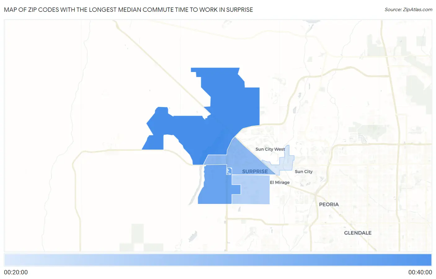 Zip Codes with the Longest Median Commute Time to Work in Surprise Map