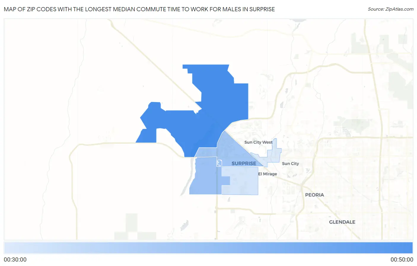 Zip Codes with the Longest Median Commute Time to Work for Males in Surprise Map