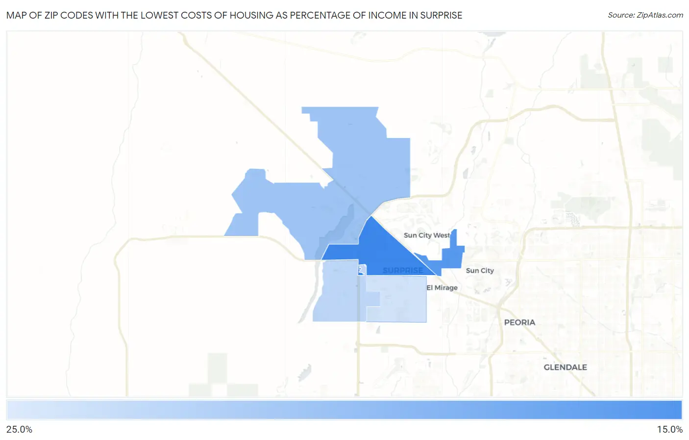 Zip Codes with the Lowest Costs of Housing as Percentage of Income in Surprise Map