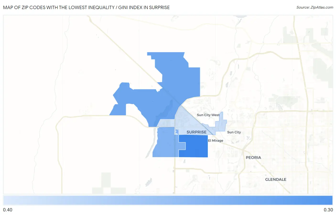 Zip Codes with the Lowest Inequality / Gini Index in Surprise Map