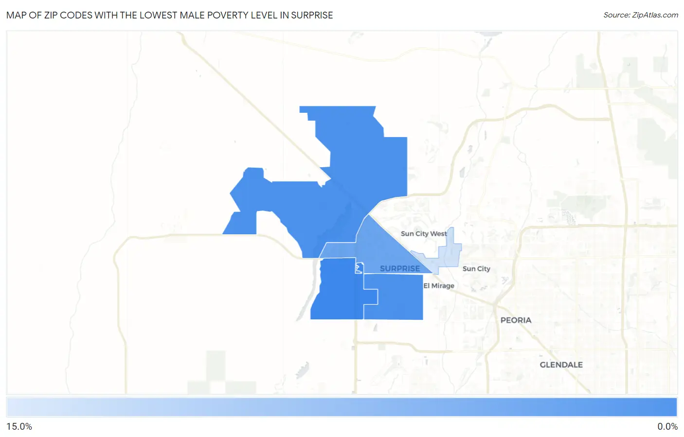 Zip Codes with the Lowest Male Poverty Level in Surprise Map