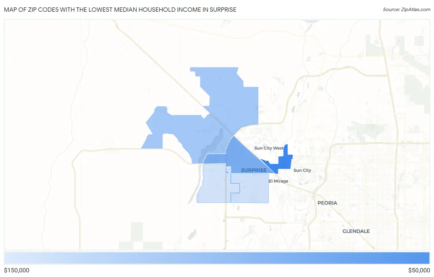 Zip Codes with the Lowest Median Household Income in Surprise Map