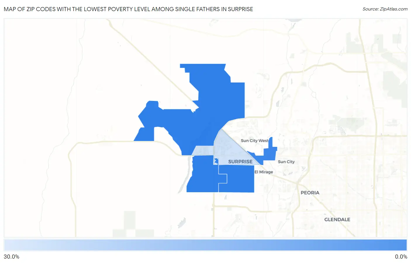 Zip Codes with the Lowest Poverty Level Among Single Fathers in Surprise Map