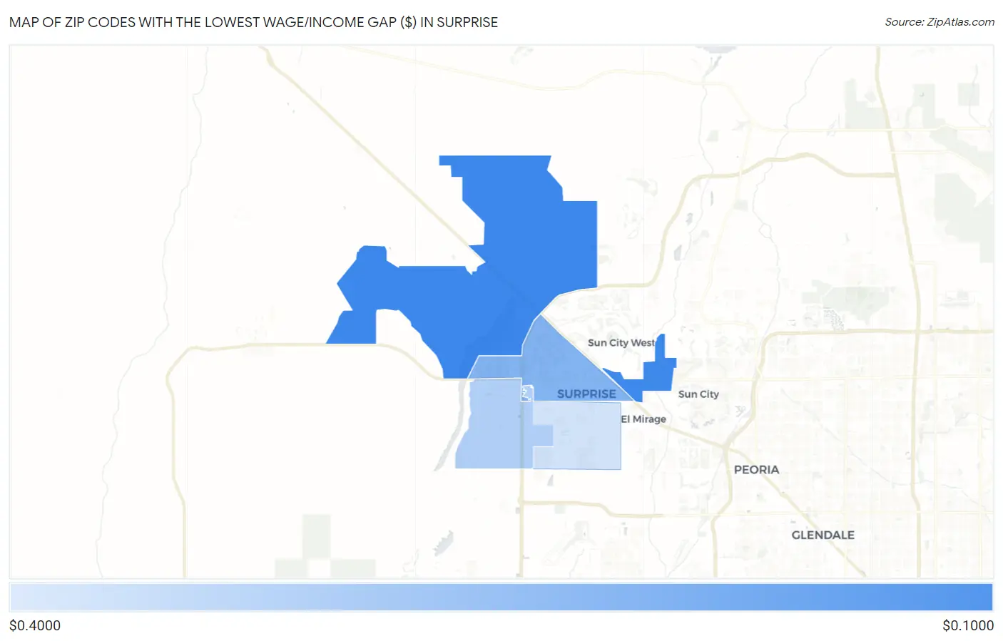 Zip Codes with the Lowest Wage/Income Gap ($) in Surprise Map