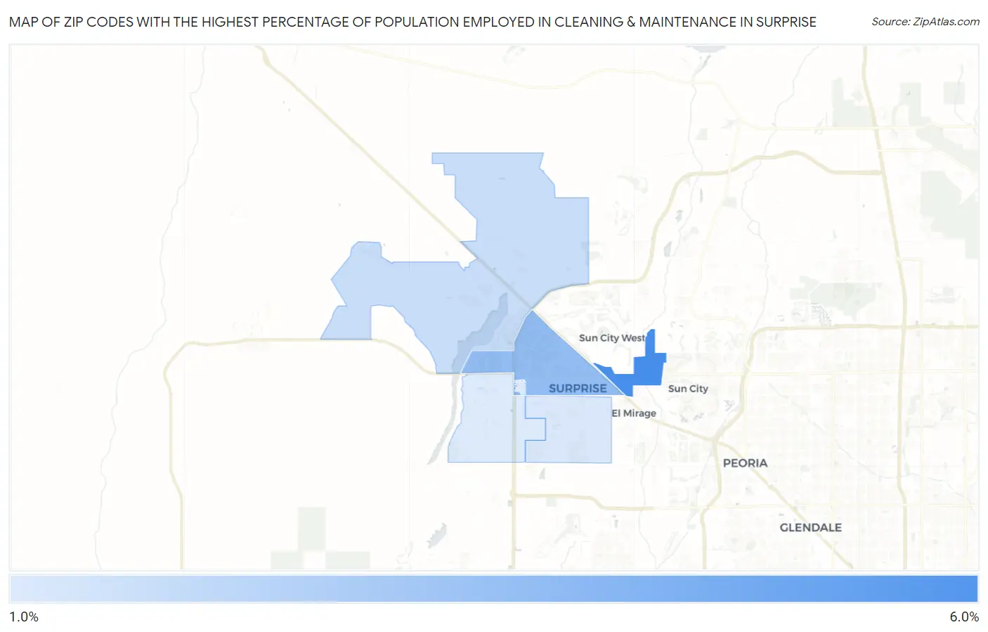 Zip Codes with the Highest Percentage of Population Employed in Cleaning & Maintenance in Surprise Map