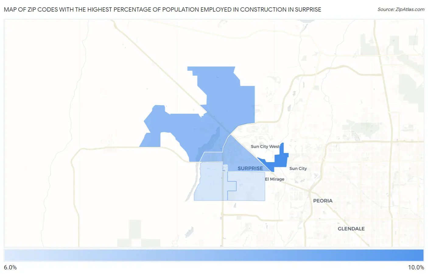 Zip Codes with the Highest Percentage of Population Employed in Construction in Surprise Map