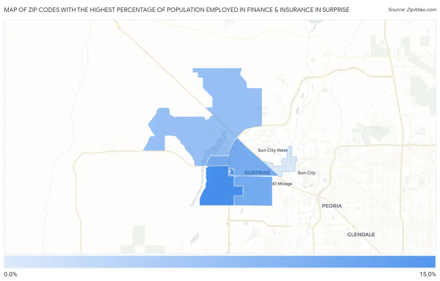 Zip Codes with the Highest Percentage of Population Employed in Finance & Insurance in Surprise Map